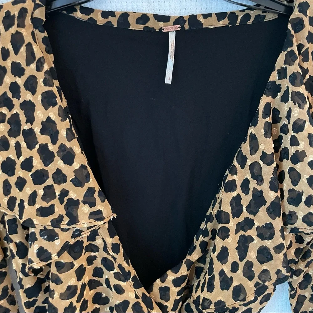 Free People Leopard Long Sleeve Boho Wrap Mini Dress w/ Ruffle V-Neck Collar